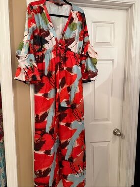 Vibrant Red Abstract Print V-Neck Maxi Dress